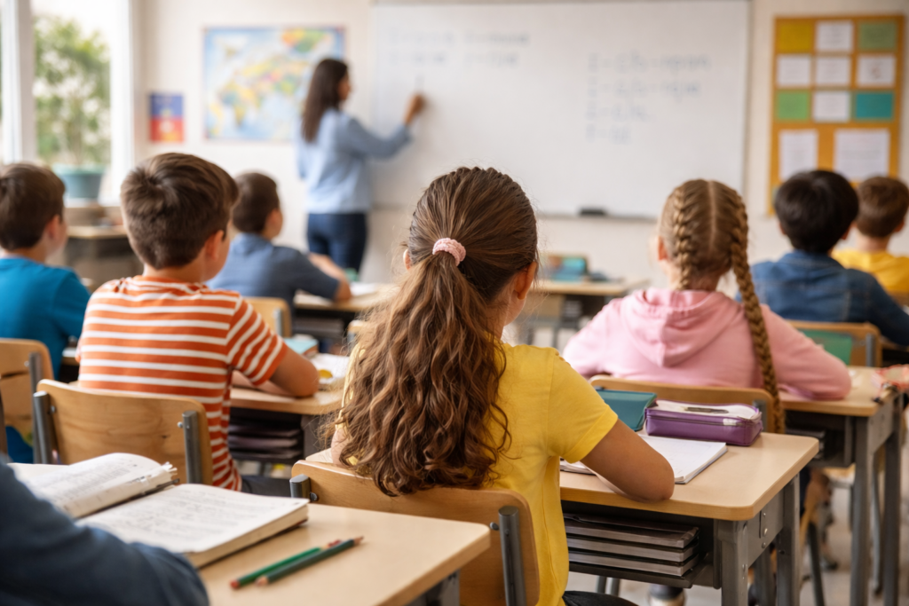 élèves dans une salle de classe pour illustrer l'école de demain à Talloires-Montmin